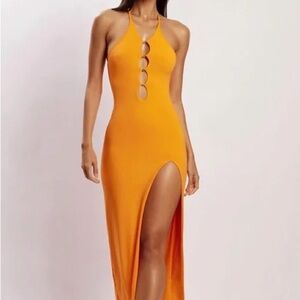 Meshki Orange Halter Maxi Dress with Front Ring Cutouts